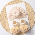 Detail of soft beige baby turban hat and white socks with 3D plush tiger motif set - Tiger Style (Without Card) / Nude Pink