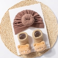 Cute brown knotted baby beanie and yellow bear socks set for autumn and winter comfort - Coffee