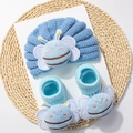 Sky blue knit baby hat and socks set featuring cute plush bee patches for warmth - Blue