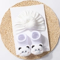 Detail of white infant turban hat and baby socks featuring 3D plush panda embroidery - Panda Style (Without Card) / White