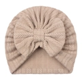 Elastic beige jacquard knit baby turban hat with a large decorative bow for infants - Coffee