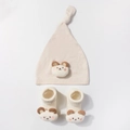Detailed view of modal baby hat and socks set with 3D teddy bear plush decorations - Beige Coffee