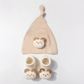 Newborn baby modal bear hat and socks set with 3D teddy decor on white background - Light Coffee