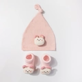 Pink infant beanie and socks set with soft white plush bear patches and knit texture - Dusky Pink