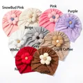 Detail showing nine colors of soft knit baby turban hats with large 3D flower decorations - 9 Colors Mix