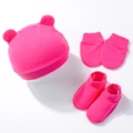 Close-up of pink newborn baby set including bear ear hat, mittens, and socks - Rose Red