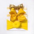 Three-piece baby headband set featuring yellow ribbed bows and gold sequins on a display card - Bright Yellow