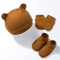 3-piece baby set with bear ear knit hat, warm mittens, and booties in caramel brown - Caramel color