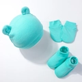 Detail view of mint green newborn baby beanie with bear ears, mittens, and booties set - Lake Blue