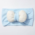 Elastic jacquard baby headband with a large cream lace bow on light blue knit fabric - Blue