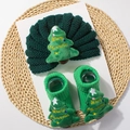 Green knitted baby turban hat and socks set with 3D Christmas tree embroidery - Dark Green Christmas Tree Style F