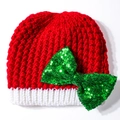 Rode kerst gebreide babymuts met witte rand en een feestelijke groene pailletten strik - Groen