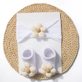 Detail of white baby headband and ribbed socks set with beige plush floral accents - White