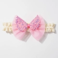 Sweet pink tulle bow baby headband with colorful sequins and cream lace elastic band - Pink