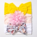 Three-piece baby headband set with bows and floral mesh petals on white display cards - Bright Yellow, Light Pink, White