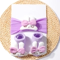 Detail of purple ribbed baby headband and socks set with plush bunny ear decorations - 2-Piece Set (1 Headband + 1 Pair of Socks) / Purple