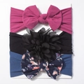 Three-piece baby headband set with bright pink bow, black flower, and floral patterns - Dark Eggplant Purple, Black, Dark Blue