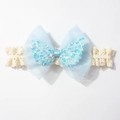 Macro detail of baby lace headband featuring a light blue mesh bow and iridescent sequin wings - Blue