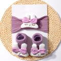 Detailed close-up of purple baby headbands and socks set with plush bunny decorations - 2-Piece Set (1 Headband + 1 Pair of Socks) / Taro Purple