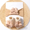 Detail view of baby knit headband and socks set with plush rabbit and bow decorations - 2-Piece Set (1 Headband + 1 Pair of Socks) / Light Coffee