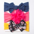 Dreiteiliges Baby-Stirnband-Set mit Schleifen- und Blumendesigns aus weichem Stoff - Dunkelblau, Rosenrot, Erdiges Gelb