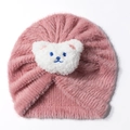 Pink plush baby turban hat with cute teddy bear ornament for autumn and winter warmth - Dust Rose