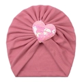 Pink velvet baby turban hat with sparkling sequin heart detail for autumn warmth - Dust Rose