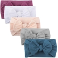 Lot de 5 bandeaux bébé en nylon avec grands nœuds en tricot doux, couleurs unies - Violet Foncé Blanc Rose Chair Gris Marine