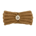 Close-up of camel knit baby headband with elegant pearl and rhinestone flower detail - Coffee
