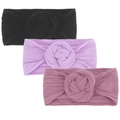 Lot de 3 bandeaux bébé en nylon avec fleurs en relief en noir, violet et rose poudré - Noir Violet Mauve