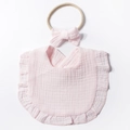Pink cotton baby bib and headband set with ruffle edges and muslin fabric texture - Light Pink