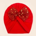 Infant winter turban hat in bright red with large gold polka dot tulle bow decoration - Red