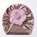 Detail of soft dusty pink velvet baby turban hat with a large chiffon flower decoration - Taro Purple
