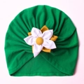 Infant winter pleated turban hat in emerald green with decorative fabric flower - Green