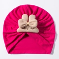 Fleece lined rose red baby turban hat with cute embroidered cartoon bow decoration - Rose Red