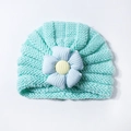 Detailed knit texture of mint green baby hat with a blue 3D fabric flower accent - Mint Green