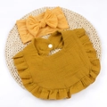 Mustard yellow baby bib and headband set with ruffle edge and large bow detail - Khaki/Earth Yellow