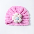 Pink knit baby turban hat with large decorative flower for autumn and winter warmth - Pink