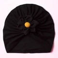Infant winter turban hat in black with a floral embellishment and yellow center detail - Black