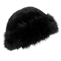 Close-up of thick black faux fur material on a winter Mongolian style hat for kids - Black
