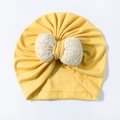 Infant yellow pullover hat featuring a large embroidered beige bow for autumn and winter - Yellow