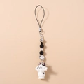 Detail of beaded phone strap featuring a cute black and white resin cat charm and silver beads - Round Card Cat