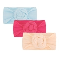 Set of 3 nylon baby headbands with large fabric rose flowers in pink, blue, and rose red - Blue Rose Red Flesh Pink