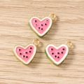 Detail of heart-shaped watermelon enamel charms with gold plating for DIY jewelry - Heart Shape Watermelon (3143) / 5 Pieces / Rose Red Watermelon