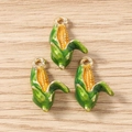 Macro detail of three enamel corn charms with green husks and gold rings for DIY jewelry - Simulation Corn (3143) / 5 Pieces / Corn