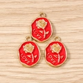 Macro detail of oval gold alloy charms with red enamel rose and LOVE engraving - 10 Pieces Pack / Red