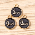 Detail of round gold-rimmed Love pendants with black enamel and calligraphy for DIY jewelry - LOVE Letter Round Tag (3206) / 10 Pieces Pack / Black