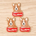 Detailed view of three Corgi dog enamel alloy charms with Tea Time text for DIY jewelry - 10 Pieces Pack / Tea Time Corgi