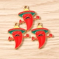 Macro detail of three enamel chili pendants with sombreros for DIY jewelry making - Chili / 10 Pieces Pack