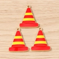 Detailed close-up of three traffic cone charms with red and yellow enamel on golden base - Red And Yellow Fire Cone / 10 Pieces Pack